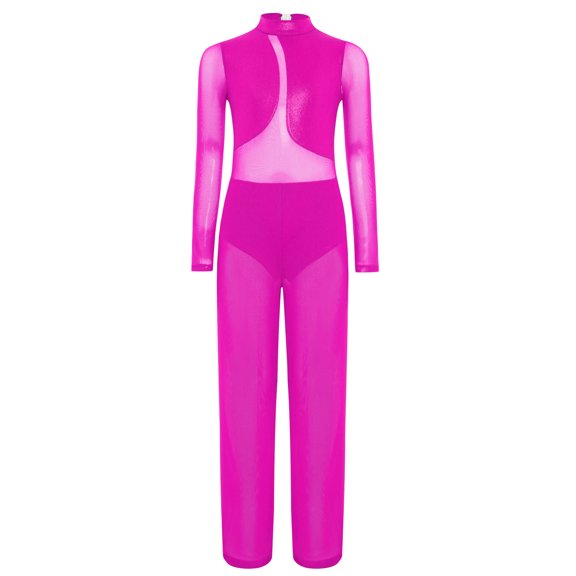 TTAO Kids Girls Full Body Leotard One Piece Gymnastics Skating Romper Latin Jazz Overalls Long Sleeve Unitard Hot Pink 16