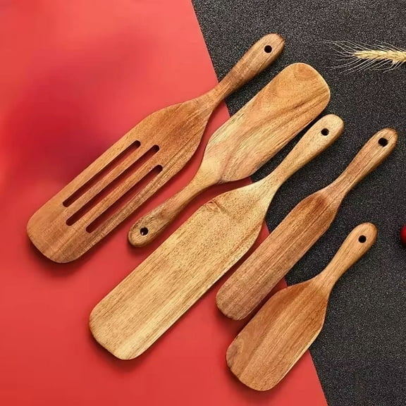 New 5Pc Spurtle Kitchen Cooking Utensil Teak Wood Non Stick Wooden Spatula Spoon
