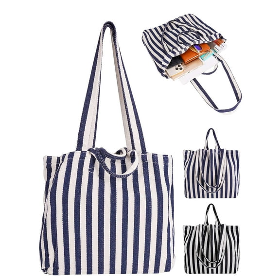 Deago Women Striped Canvas Tote Handbags Casual Hobo Shoulder Bag Vintage Top Handle Purse for Work Travel (Black)