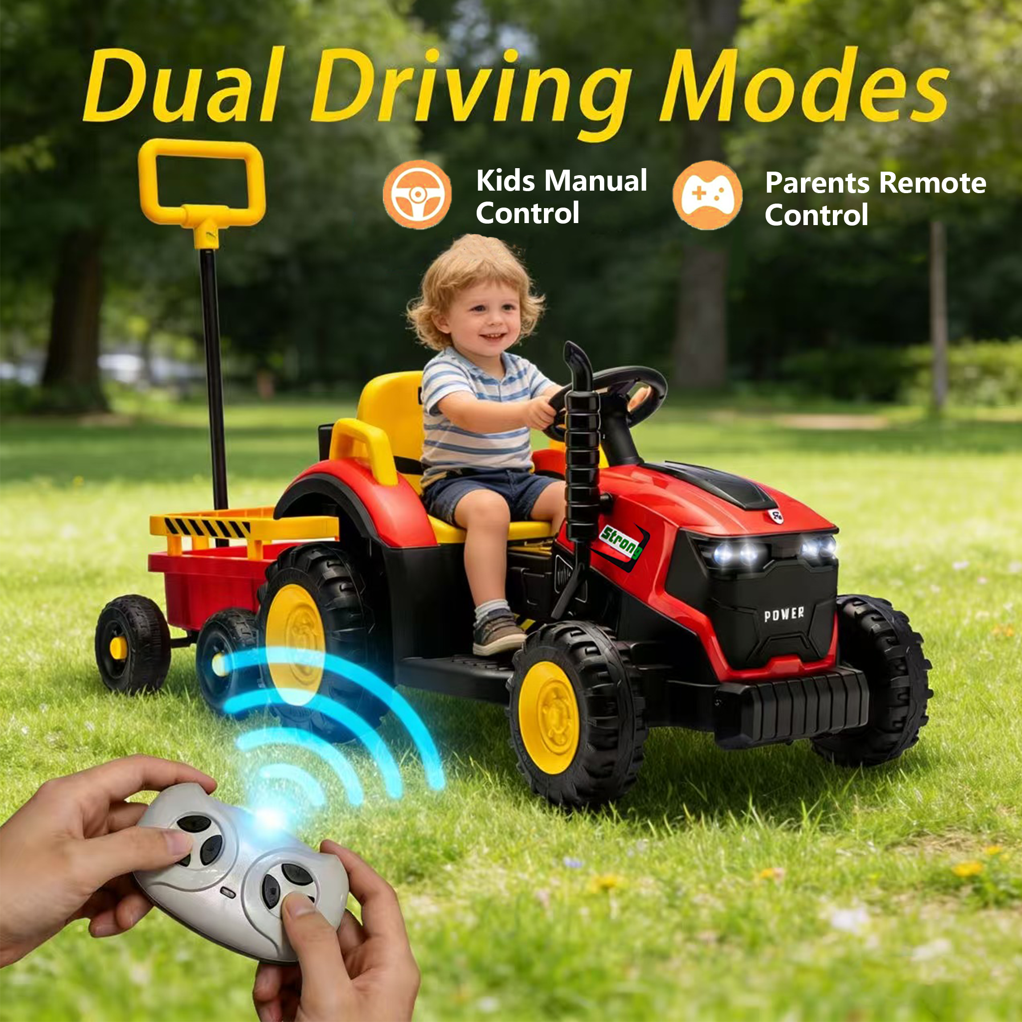 Juuar 12V 390W Kids Ride on Car for Boys Girls Ages 3 4 5 6 Years Old, Farm Tractor Ride on Toys with Trailer, Lights & Music, 5 MPH Fun Electric ATV with Remote Control for Birthday Gifts, Red