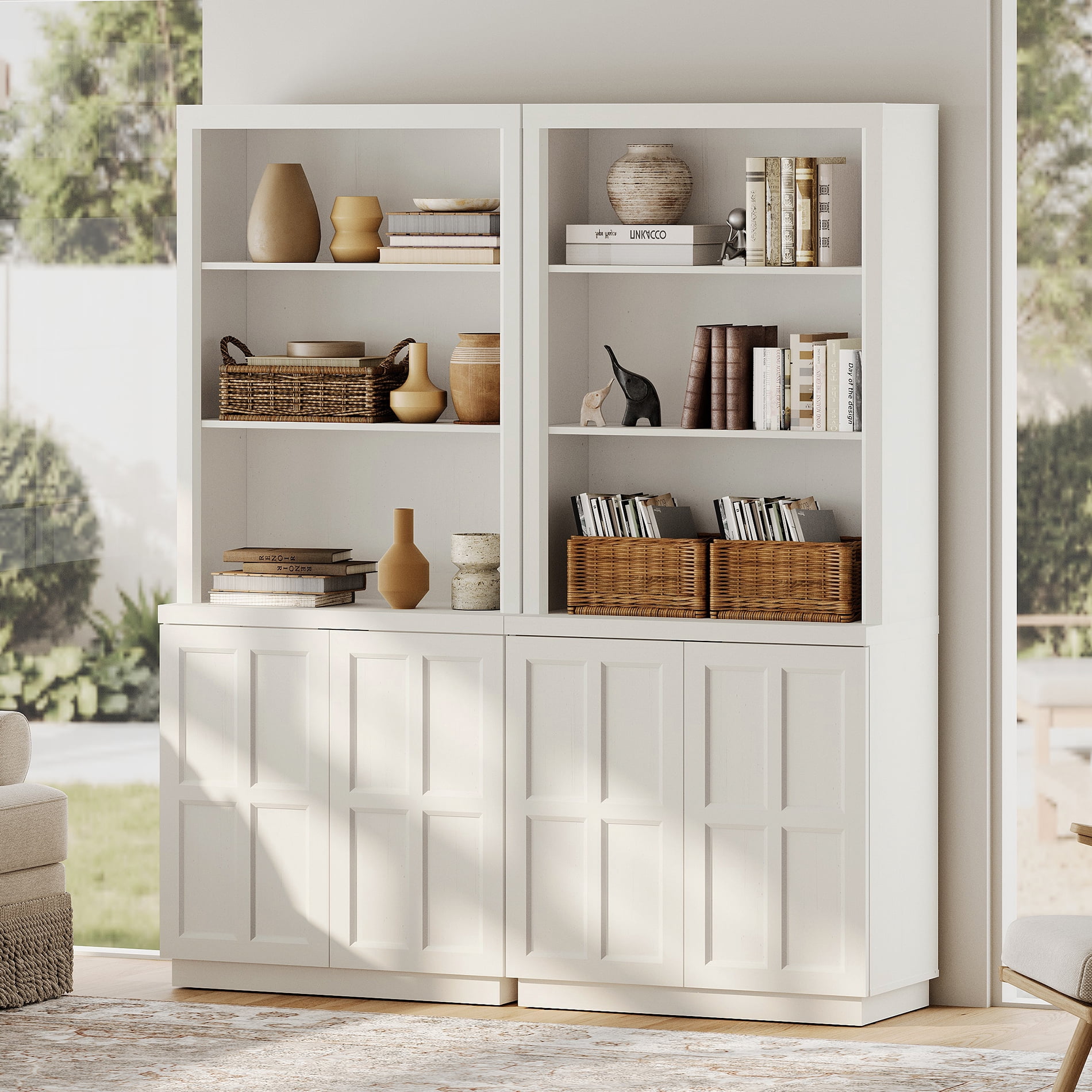 HOMOOI 2-in-1 Freestanding Bookcase, Boho Display Book Shelf with Open Adjustable Shelves & Rebound Handle-Free Doors,Thickened Anti-Wobble Wood Bookcase for Living Room,Home Office,White