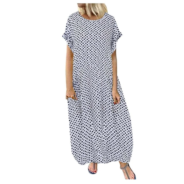 Robe Blanche Femme Décontractée à Pois Manches Courtes Col Robe Maxi