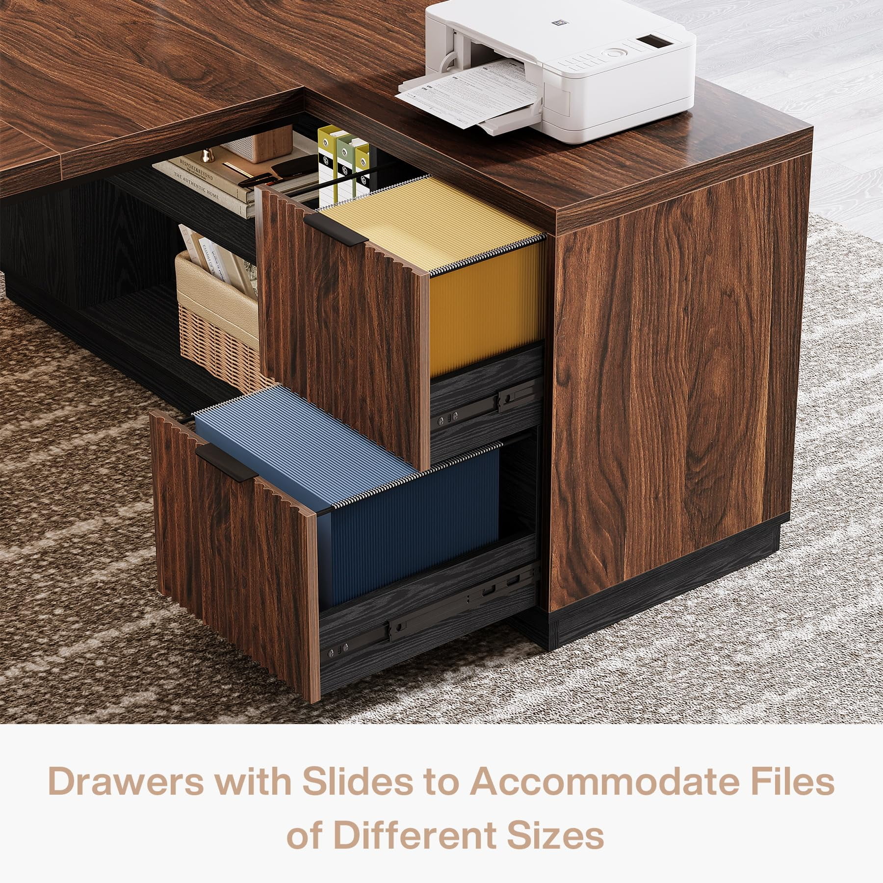 Tribesigns 78" L Shaped Executive Desk with Drawers, Large Office Computer Desk with Shelves, Modern Corner Table for Home Office (Black & Brown)