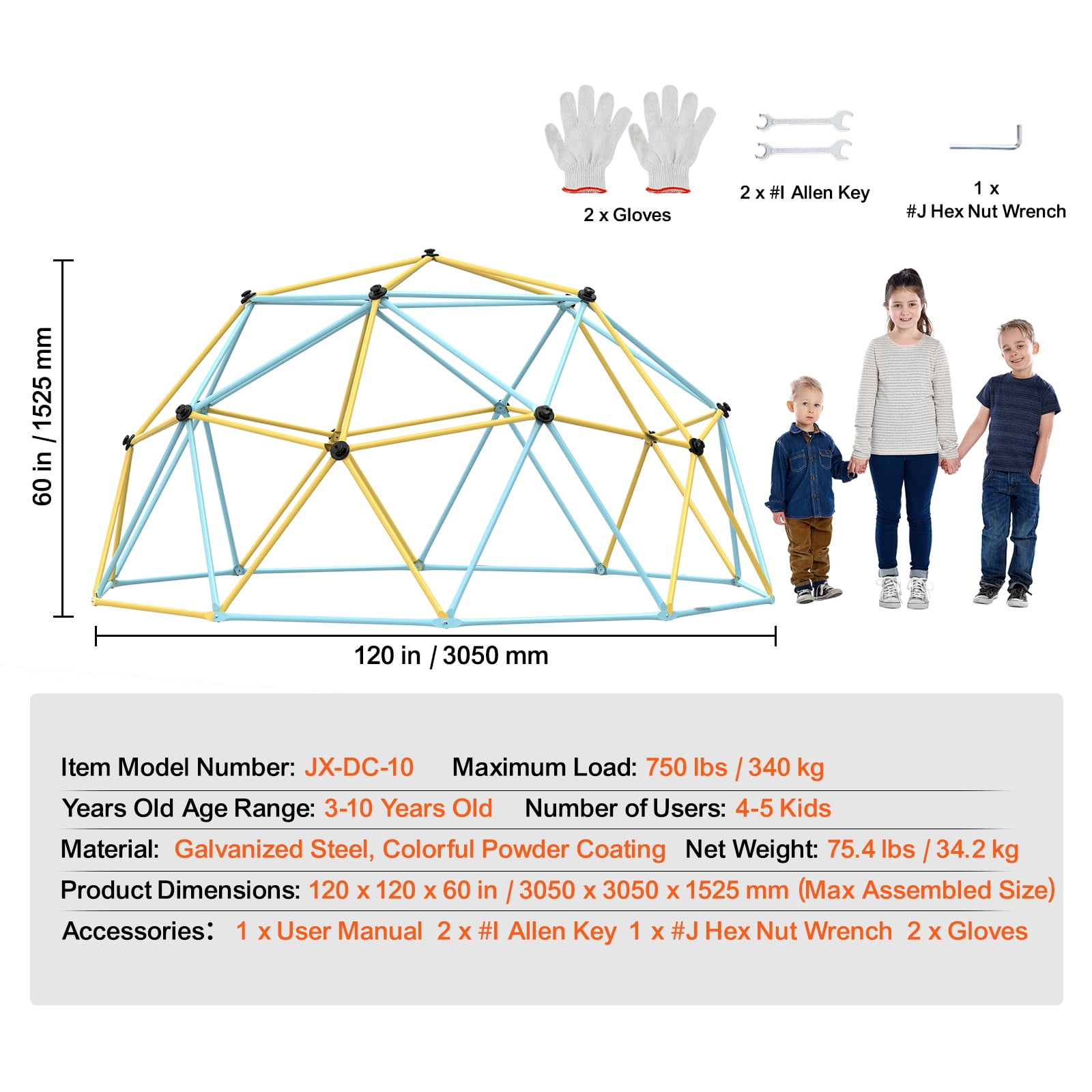KFFKFF Geometric Climbing Structure, 10FT Dome with Climbing Grips, Supports up to 750LBS, Simple Setup, Ideal for Children Aged 3-10, Outdoor Play Equipment for Backyard Fun