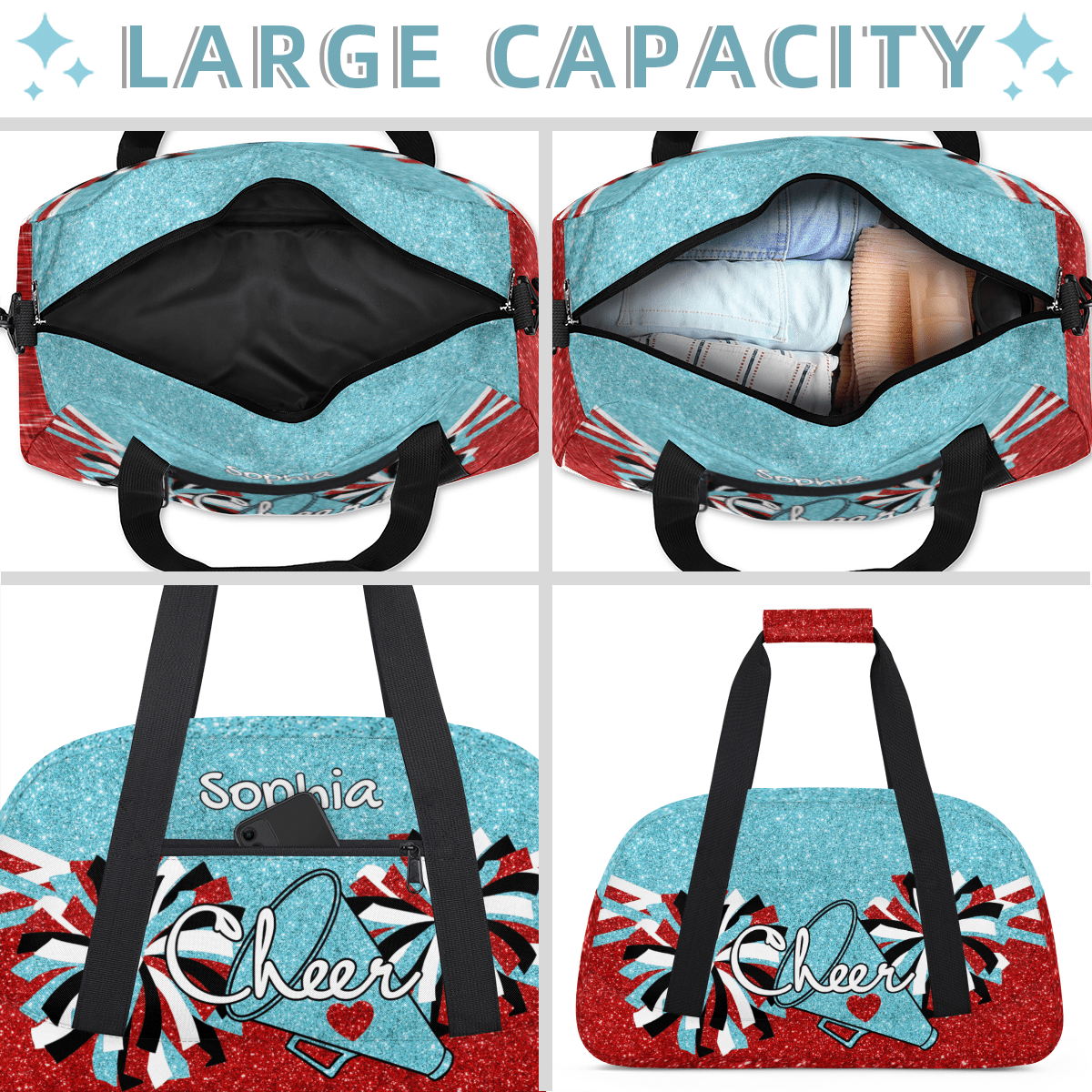 Jiaoprinted Personalized Sport Duffel Bag, Custom Cheer Dance Bag with Name, Customized Sport Gym Bag for Cheerleaders, Travel Duffle Bag for Women, Blue Red Glitter