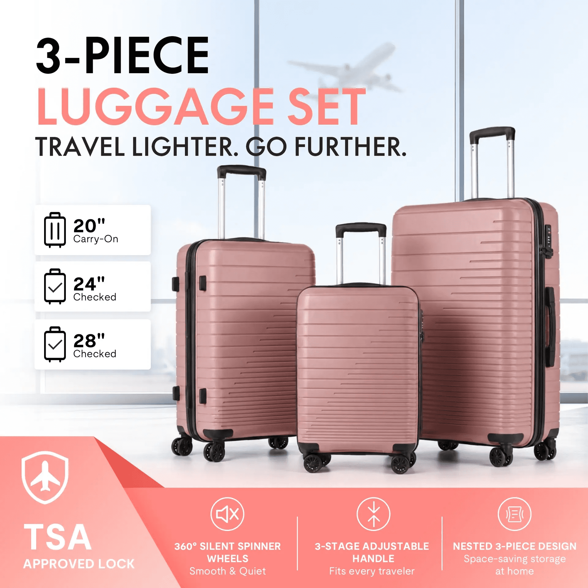 3-Piece PP Hardshell Luggage Set, Lightweight Scratch-Resistant Suitcases with TSA Lock, 4 Silent Spinner Wheels, 20"/24"/28", Dusty Pink