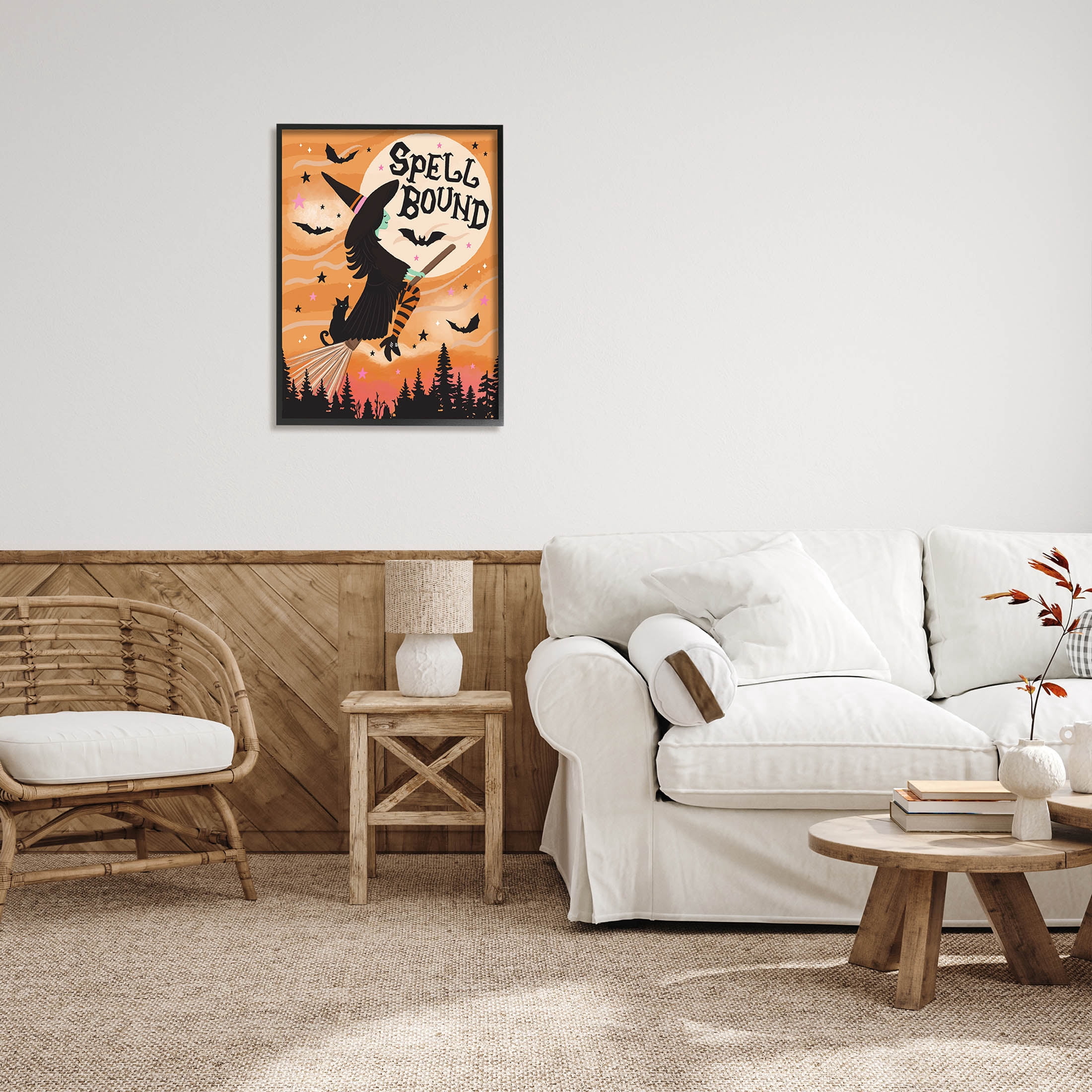 Spell Bound Witch Flying Moonlit Sky Holiday Graphic Art Black Framed Art Print Wall Art