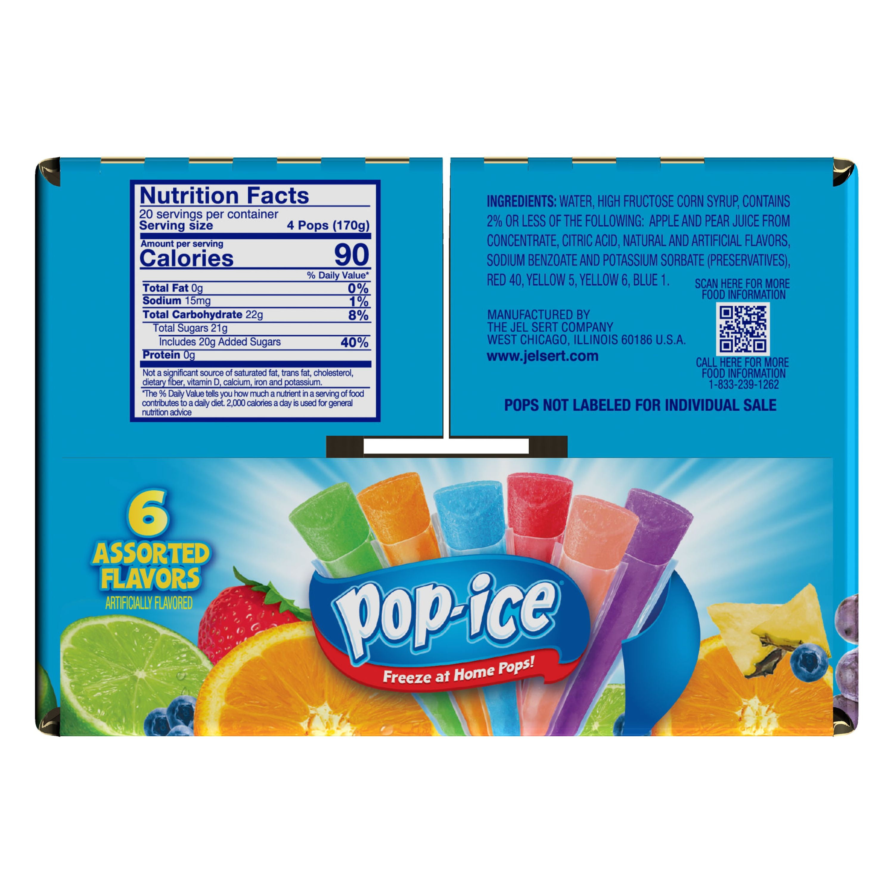 Pop-Ice Assorted Fruit Freezer Ice Pops, Gluten-Free Frozen Snack, 1.5 oz, 80 Count