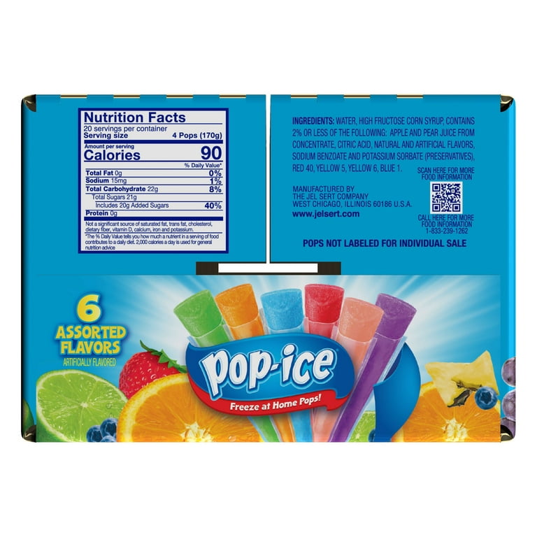 Pop-Ice Assorted Fruit Freezer Ice Pops, Gluten-Free Snack, 1.5 oz, 80  Count Fruit Pops