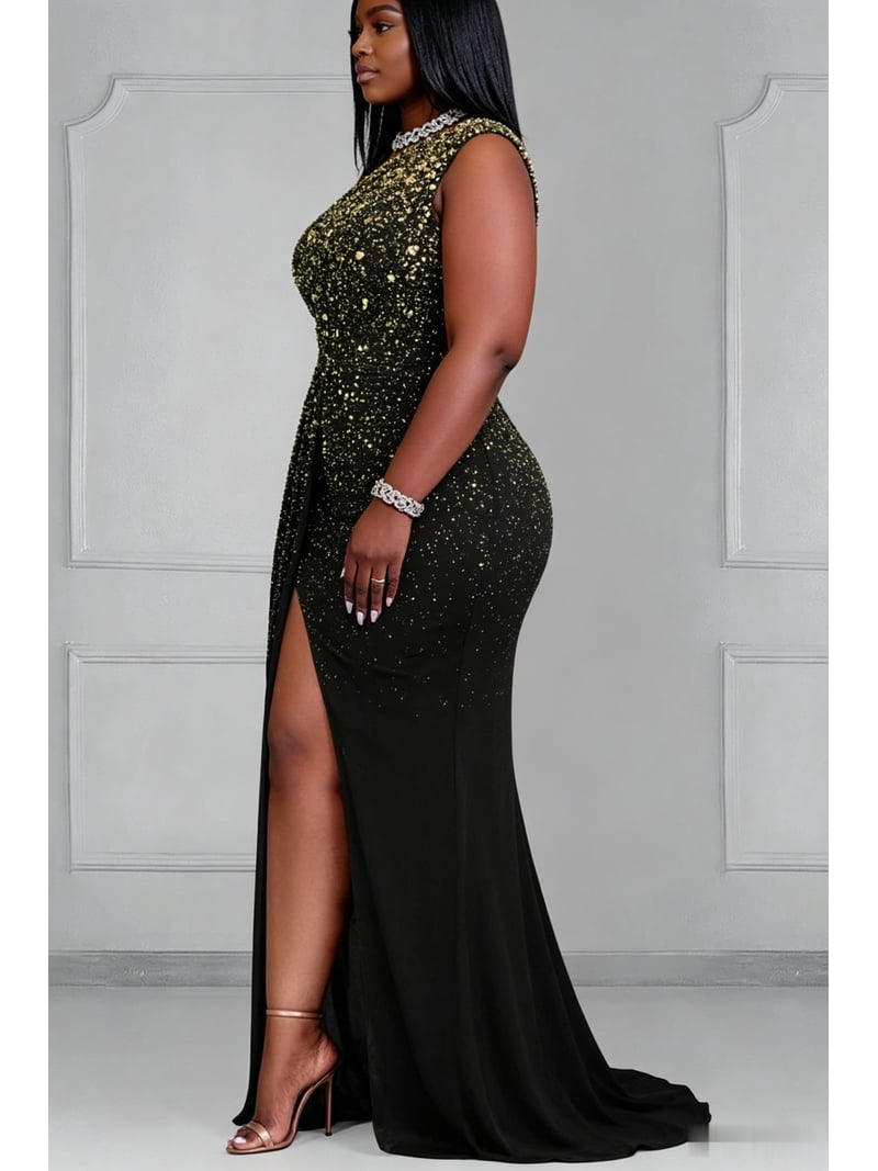 Plus Size One Shoulder Sequin Backless Maxi Dress, Sleeveless Bodycon Mermaid Formal Prom Evening Party Gown