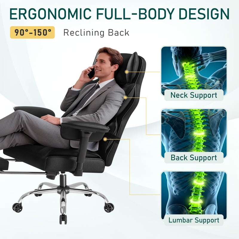 Homall Ergonomic Executive Office Desk Chair 500 lbs Capacity High Back with Footrest Lumbar Support Reclining Adjustable Height & Swivel Wheels,Black