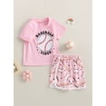 thumbnail image 3 of Mialoley Ensembles de Shorts d'Été pour Filles Tout-Petits, Hauts à Manches Courtes Roses avec Imprimé Baseball, 3 of 9