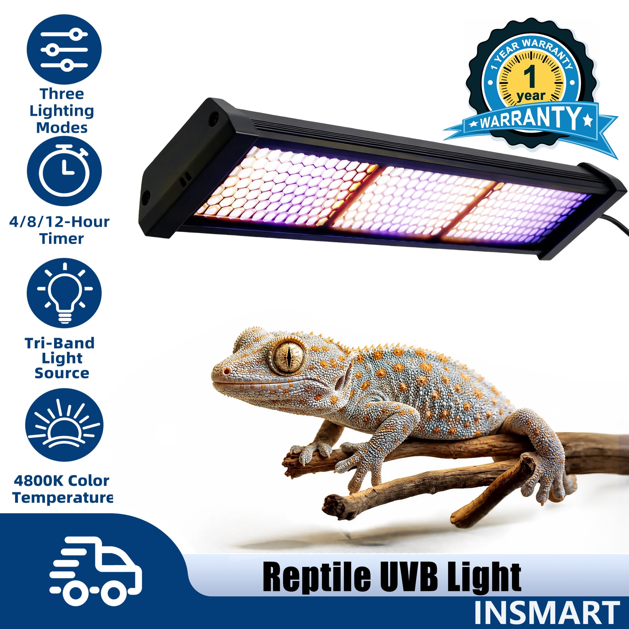 INSMART Reptile UVB Light, 3-in-1 UVB10.0+UVA+LED Lamp with Smart Timer, 12W Optimal Power, 4 Lighting Modes for Healthy Reptile Habitats