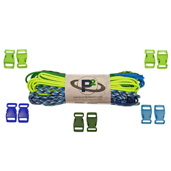 PARACORD PLANET Paracord Crafting Kit - 100 or 200 Feet of Paracord - 5/8-Inch or 1/2-Inch Plastic Contoured Side Release Buckles - Craft DIY Lanyards, Key Chains, Jewelry, Pet Accessories and More