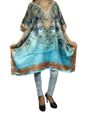Mogul Women Peacock PRINT Caftan Embellished Summer Beach Cover Up Tunic Dress One Size