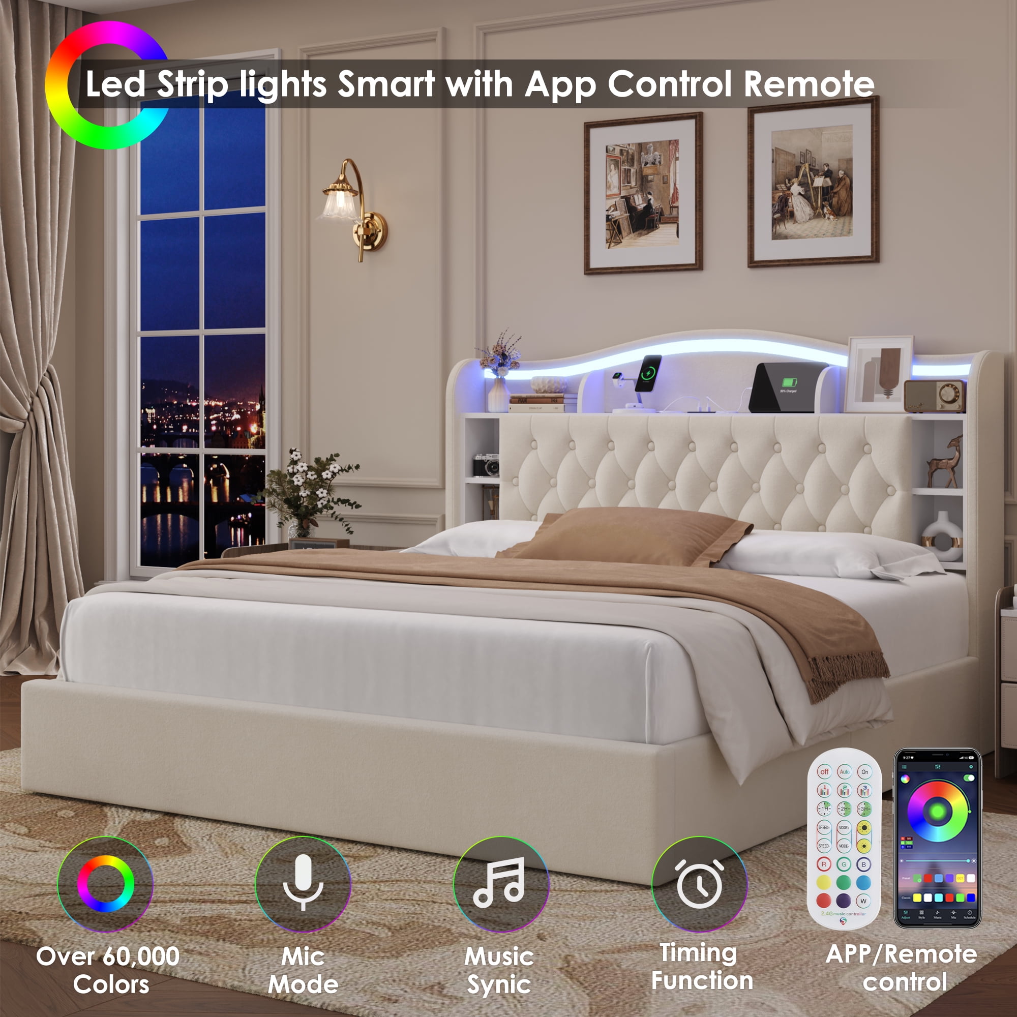 Homfa Queen Size Lift Up Storage Bed, Modern LED Headboard with USB Charging Port, Hydraulic Support,Beige
