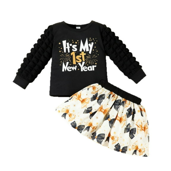 DHFJKG Baby Girls First New Year Outfits Winter Clothes Puff Long Sleeve Letter Print Ribbed Pullover Tops Bowknot Print Skirts 2 Piece Sets Cozy Outfit