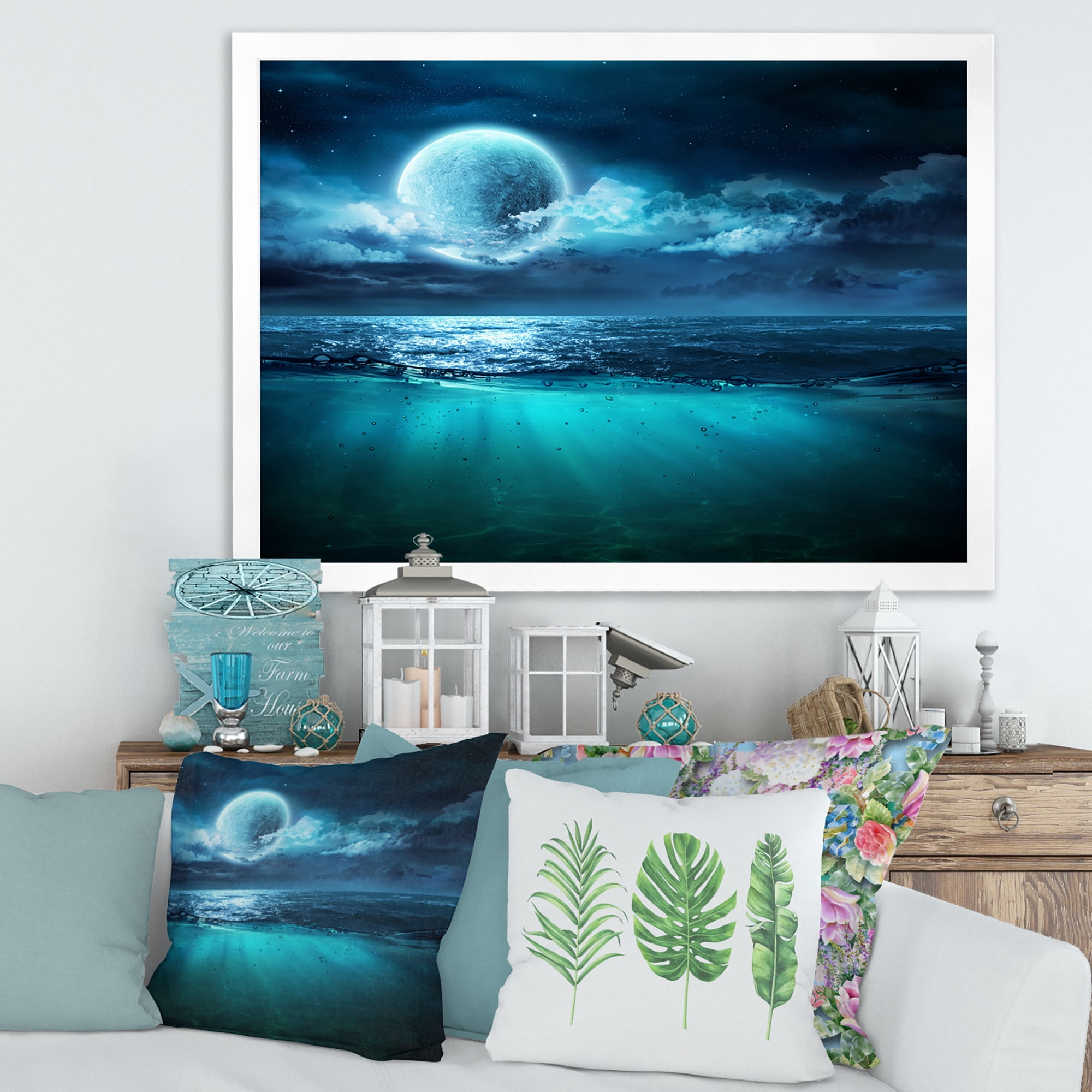 Designart 'Romantic Moon and Clouds Over Deep Blue Sea II' Nautical & Coastal Framed Art Print