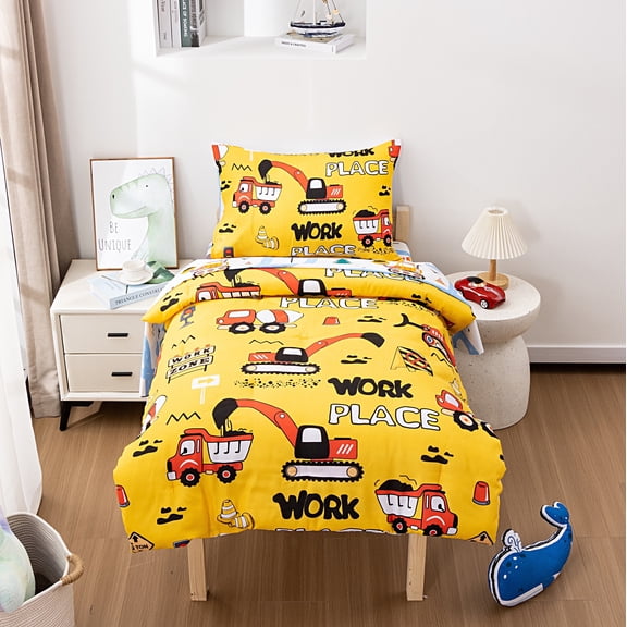Btargot 4 Piece Yellow Construction Toddler Bedding Set for Baby Boys Truck Excavator Cars Comforter