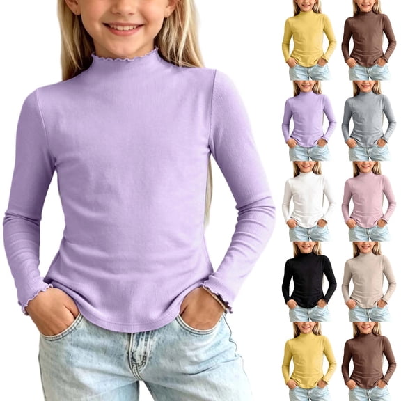YHAJDS Girl Ruffle Sweatshirts Fall Pullover Shirts Solid Color Half Turtleneck Long Sleeve Ruffle Trim Fleece Elastic Base Tops