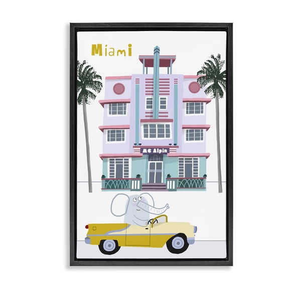 Elephant & Miami Hotel Black Framed Floater Canvas Wall Art, design by Carla Daly