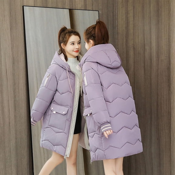 Women's Winter Down Mid Length Coat Loose Thickened Color Matching Jacket Maternity Hoodie Girls Zipper Jackets Flare Coats for Women down Coats Wearing Someone Else's Clothes plus Size Women Fashion