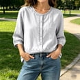 thumbnail image 7 of Ayolanni 3/4 Sleeve Shirts for Women Cotton Linen Solid Scoop Neck Button Down Blouse Textured Oversized Pockets Tees Womens Summer Tops White M, 7 of 7