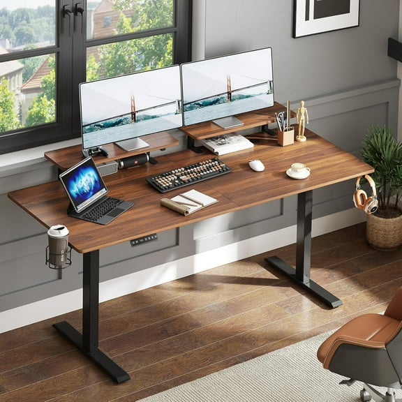 Standing Desk with 2 Adjustable Monitor Shelves, 55 x 24 Inches Electric Stand Up Desk with Memory Controller and Adjustable Height from 28-46 inches for Computer Workstations, Walnut