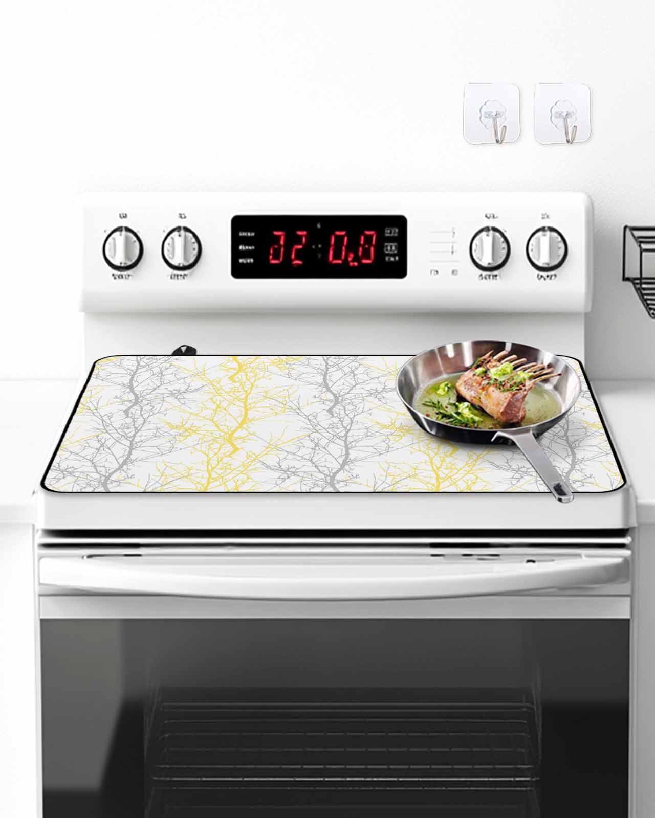 Stove Top Covers for Electric Stove, Yellow Gray Glass Stovetop Cover Protector, Pastoral Botanical Branch Aesthetics Induction Cooktop Protector Oven Mat for Kitchen Countertop 24"x21"