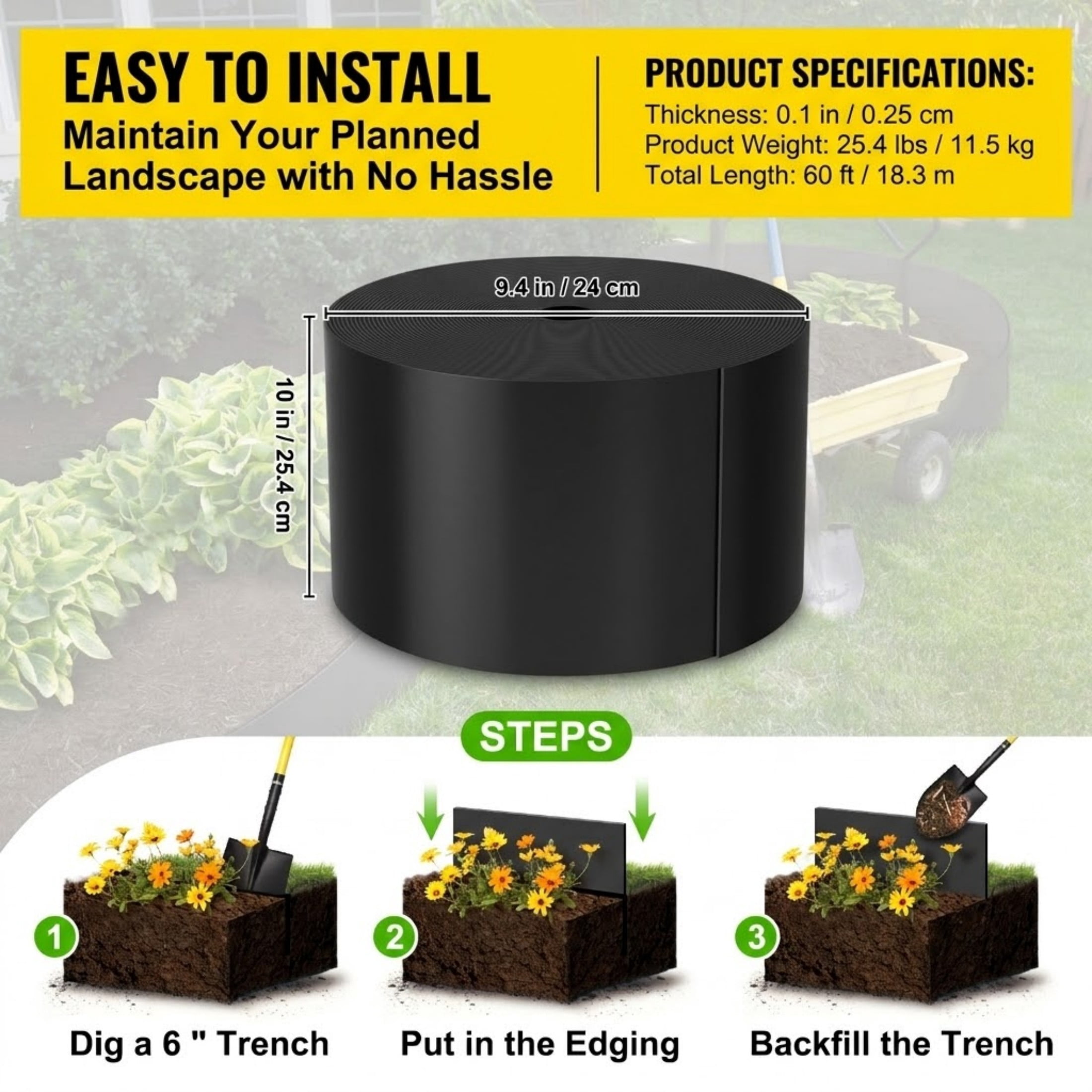 60 ft x 10 in Landscape Edging, Flexible HDPE Coiled Terrace Board Garden Border, Heavy Duty Weed Barrier for Lawn and Yard, Black