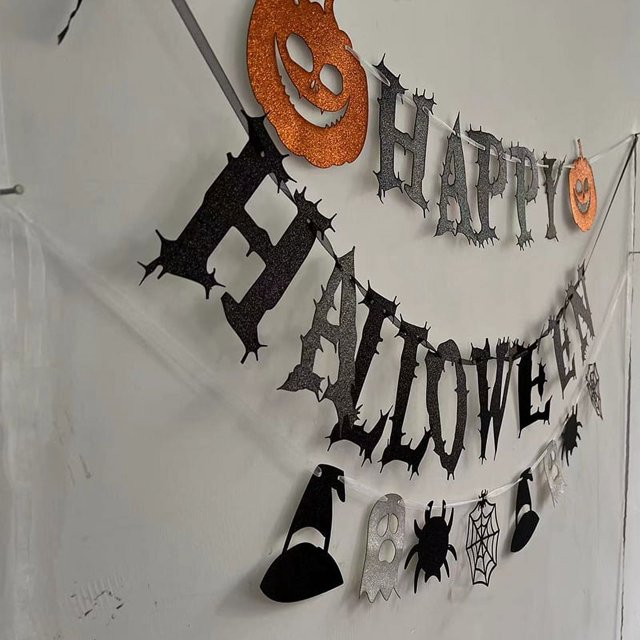 Banderín de Feliz Halloween - Banderín de banderines Decoraciones de calabazas de brujas para pared Repisa del hogar Pared de la oficina Suministros de fiesta de miedo
