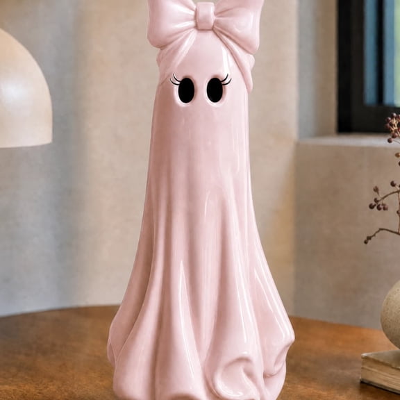XIA0LE 20 Inch Large Pink Ghost Statue with Bow, Cute Ghost Figurine Halloween Tabletop Decor, Spooky Pink Ghost Halloween Home Decoration for Mantel, Shelf, Living Room (A)