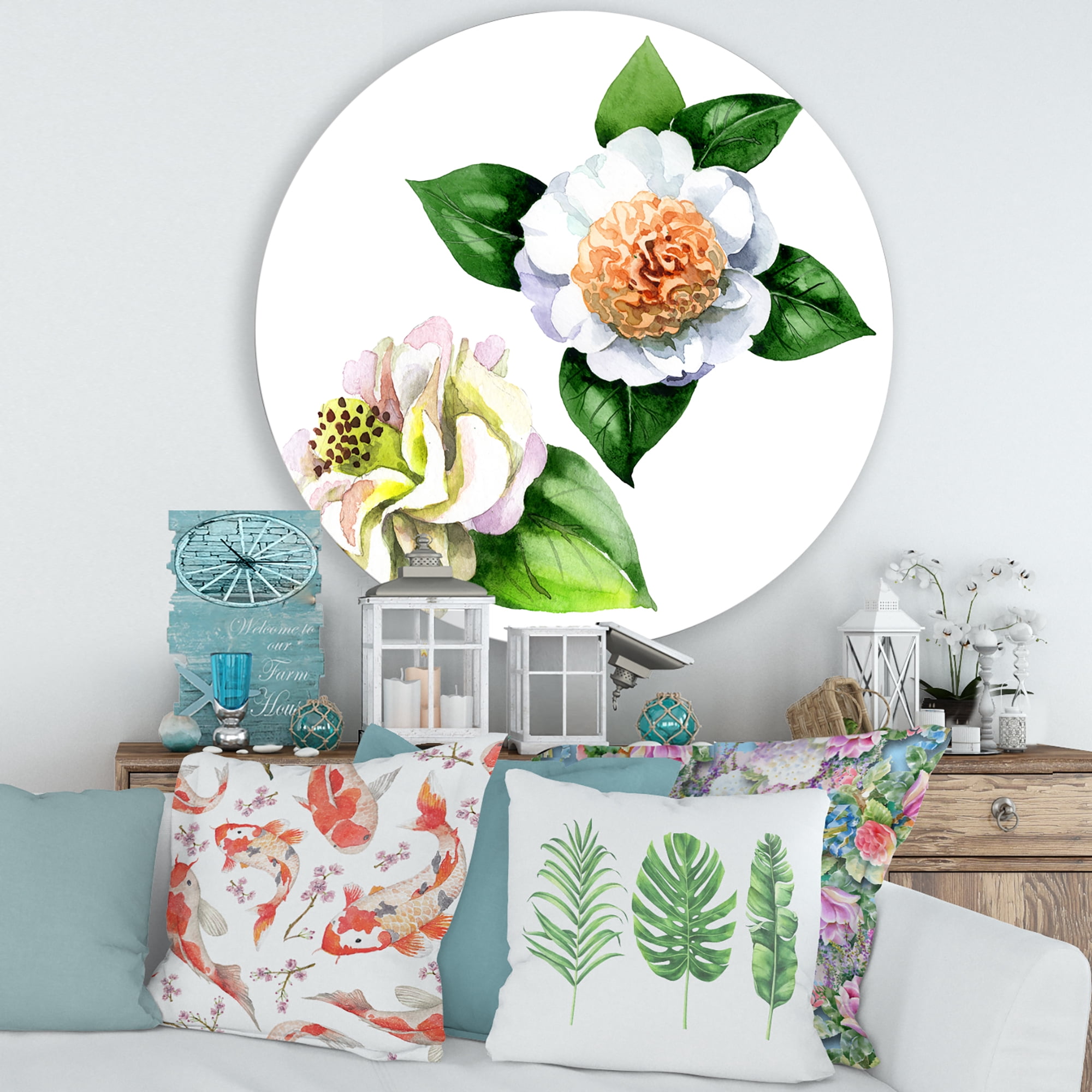 Designart 'Ancient White Camellia Flowers With Green Leaves' Traditional Circle Metal Wall Art 36x36 - Disc of 36