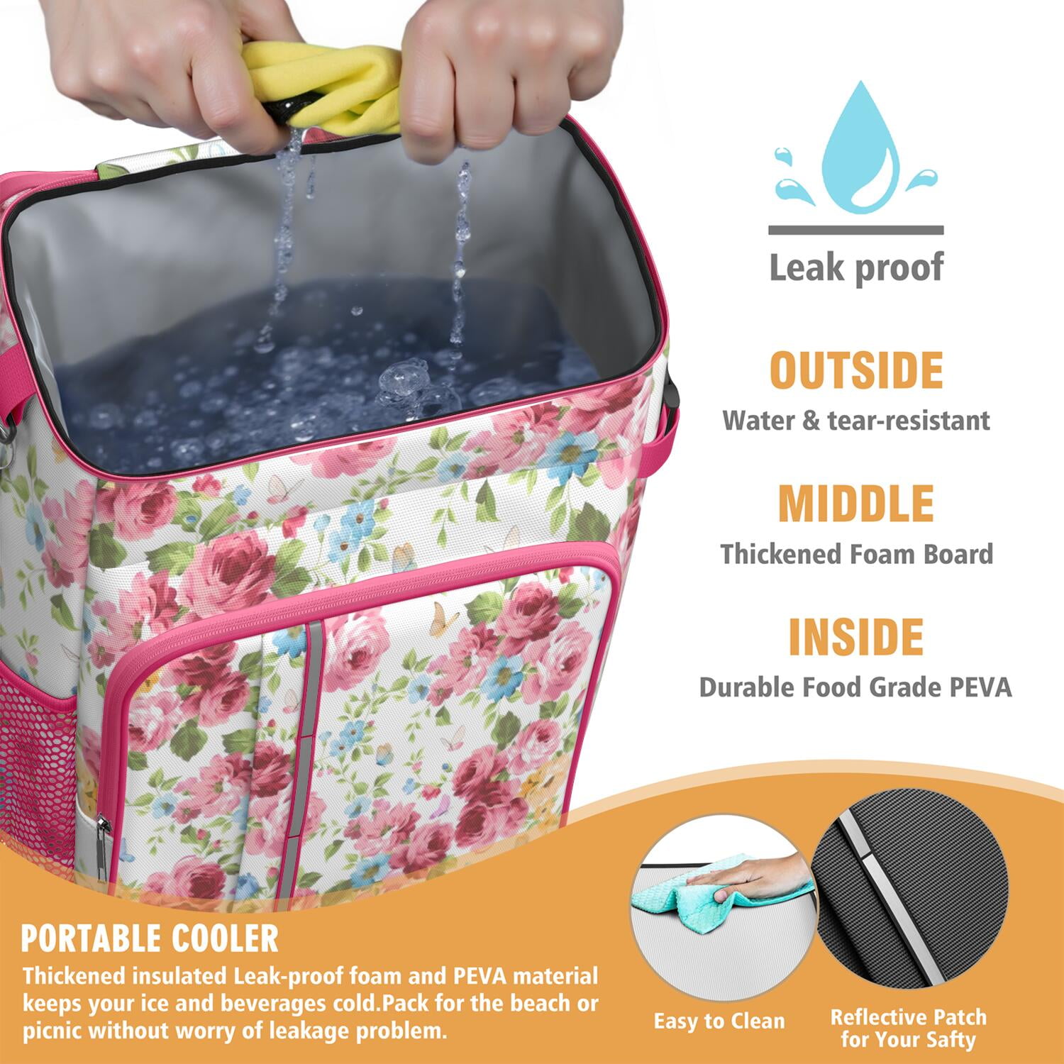 Travel Cooler Bag - Pioneer Flower Floral Print Pattern Camping Beer Cooler Backpack with Bottle Opener- Waterproof Insulated Picnic Backpacks - Cooler Bag for Beach