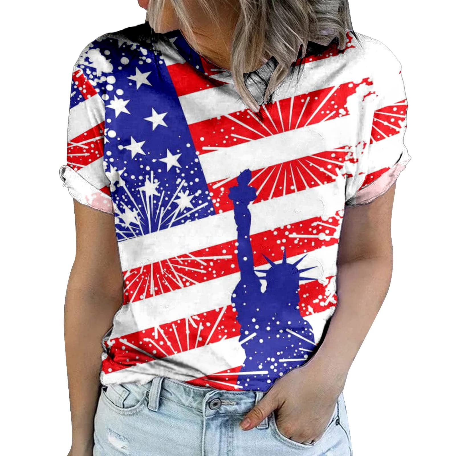 AOBUTE Women's July 4th Shirt – V-Neck Short Sleeve American Flag Top For Summer & Patriotic Events