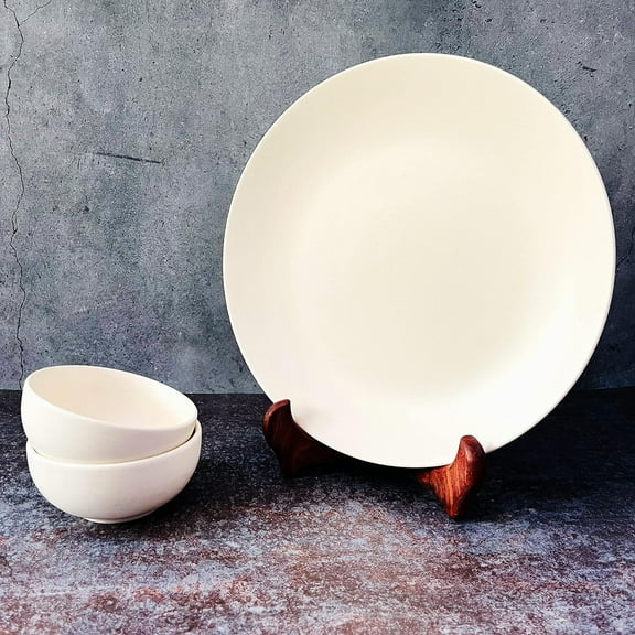 Subhra Handcrafted Ceramic Dinner Set - 3 Pieces | 1 Dinner Plate   2 Katori Bowls, 180ml Each | Matte Finish White Dinnerware Set | Serving For 1, Microwave Safe