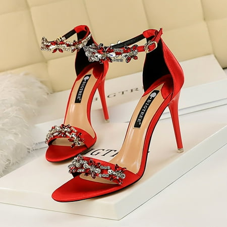 

Women‘s Ankle Strap Stiletto Sandals Open Toe Rhinestone High Heels Valentine‘s Day Heels