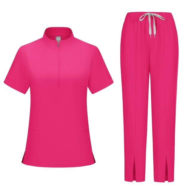 Ktyne Ensemble de Blouses Médicales Roses pour Femmes, Uniforme d'Infirmière Extensible, Haut à Manches Courtes et Pantalon de Yoga Jogger, Costume de Blouse Unie avec Multi-Poches, Rose Vif
