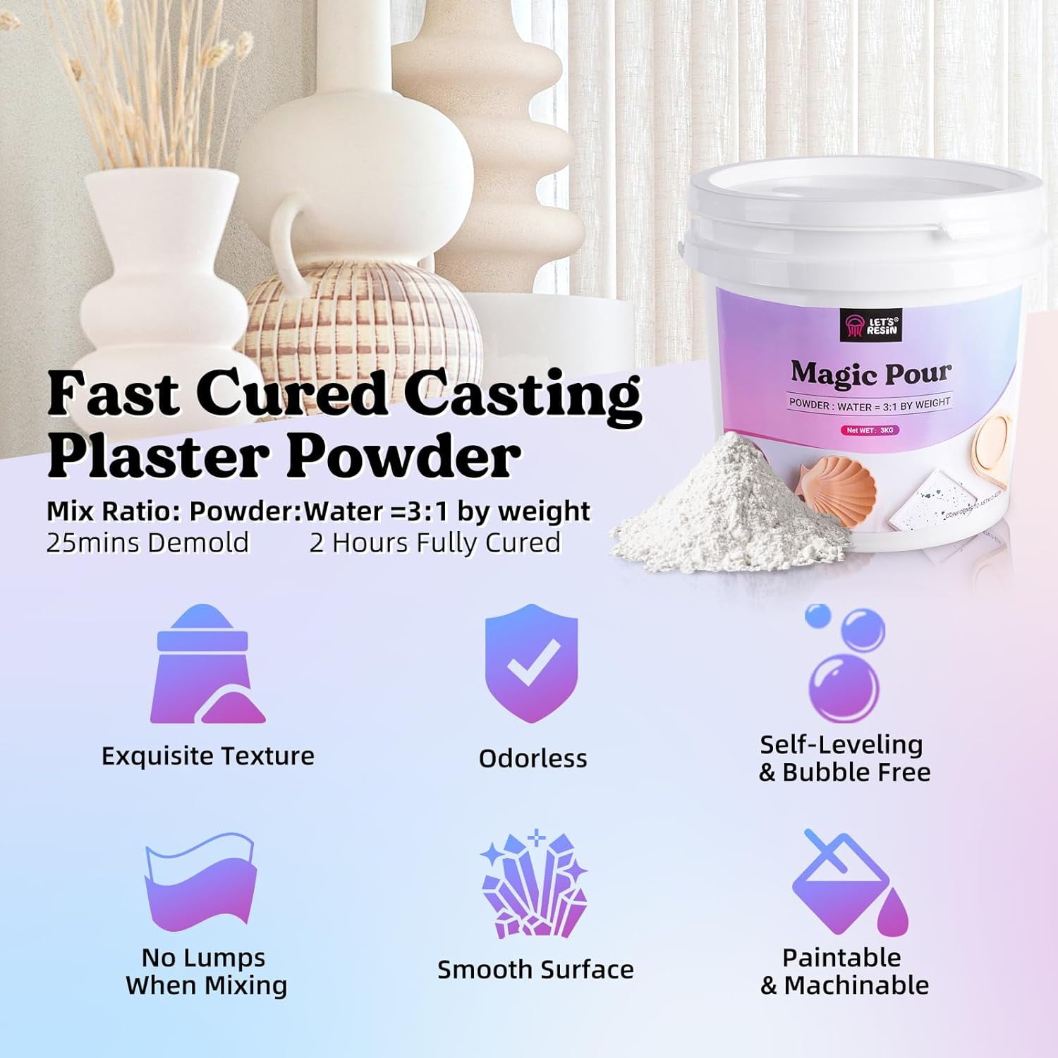 LET'S RESIN 3000g Casting Powders, Fast Cured Casting Resin Kit for Beginners,20~30 Minutes De-Mold, Water Activated Plaster Powder Kit for Molds
