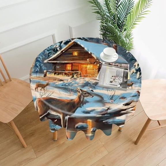 RKSupls 60 Inch Round Tablecloth, Winter Cabin Deer Premium Polyester Straight Edge Wrinkle Resistant Washable Table Cover for Party Home Dining Decor