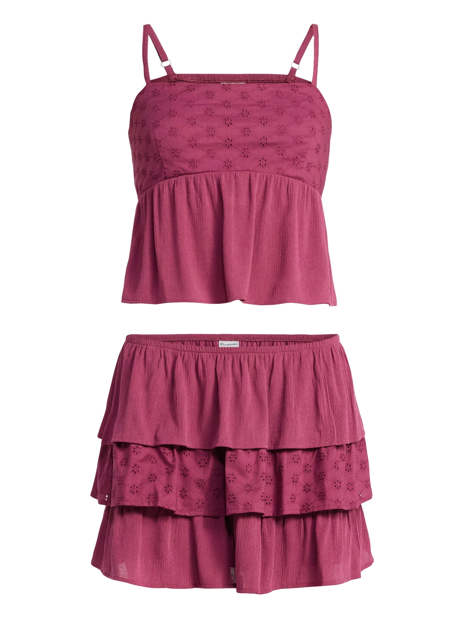 No Boundaries Woven Eyelet Cropped Cami and Mini Skirt Set, 2-Piece, Women's XXS-XXL