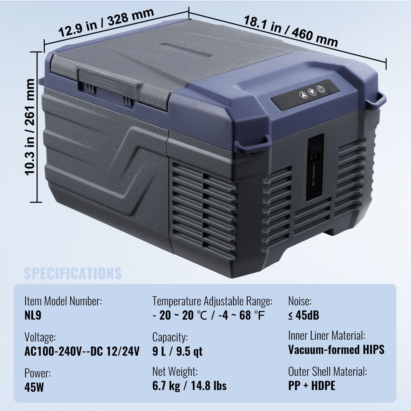 KFFKFF Portable 12V Car Refrigerator, 9L Single Zone Freezer with Adjustable Temperature Range -4℉ to 68℉, Compatible with DC 12/24V and AC 100-240V for Camping, RV, and Outdoor Use