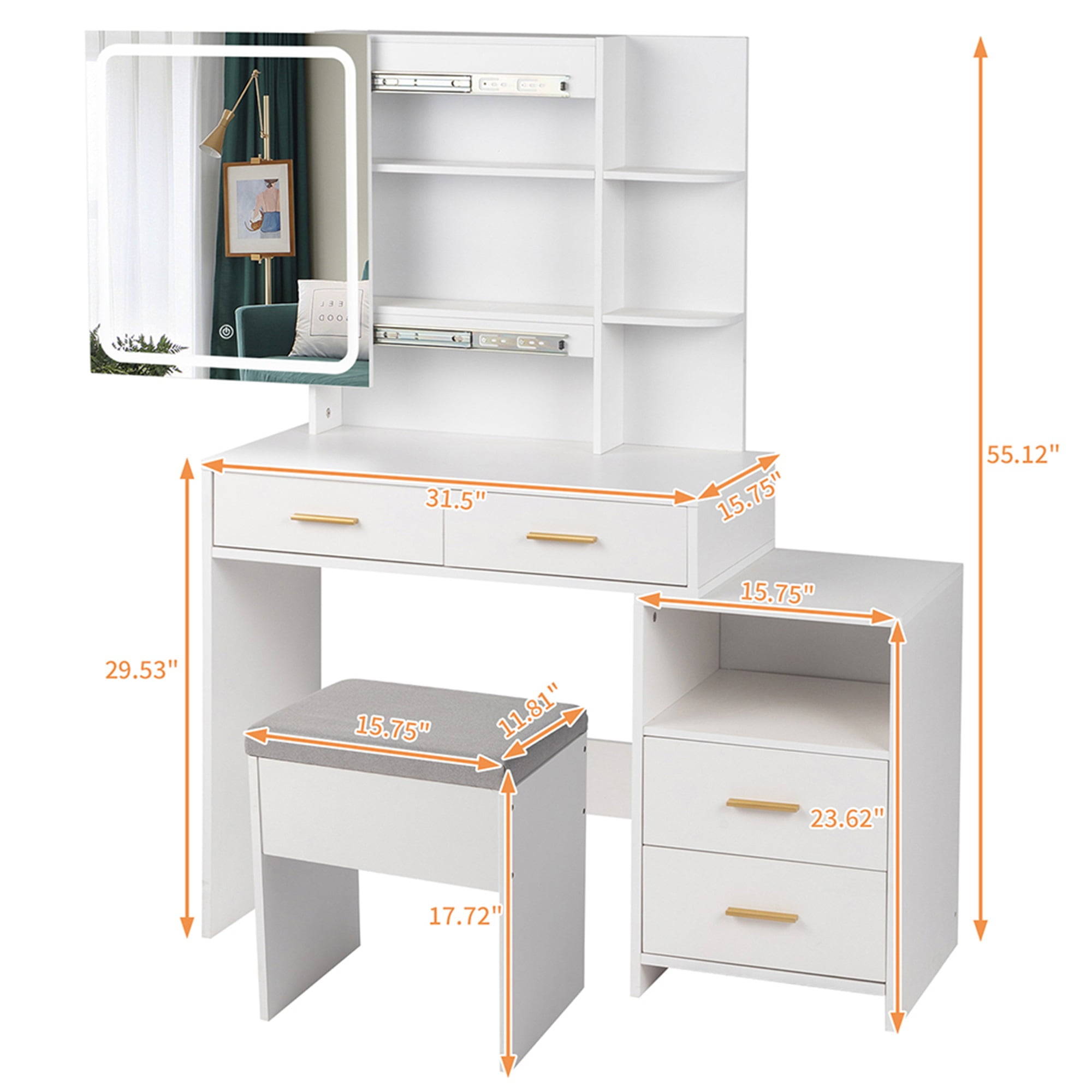 Kadyn Makeup Vanity with 4 Drawers and Mirror, Dressing Table Set Led Three-Tone Light, White