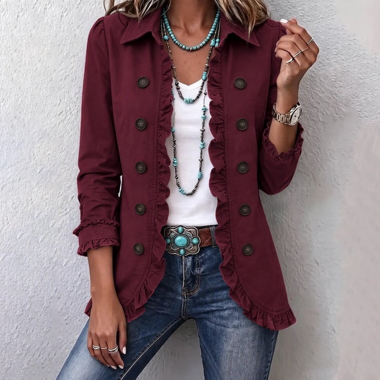 Treluxia Women Ruffle Jacket Lapel Collar Button Front 3/4 Sleeves for ...