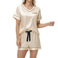 thumbnail image 4 of BUIGTTKLOP Satin Pajamas Sets for Women Short Sleeve V Neck Top Wide Leg Shorts Soft Sleepwear Cozy Loungewear, 4 of 5