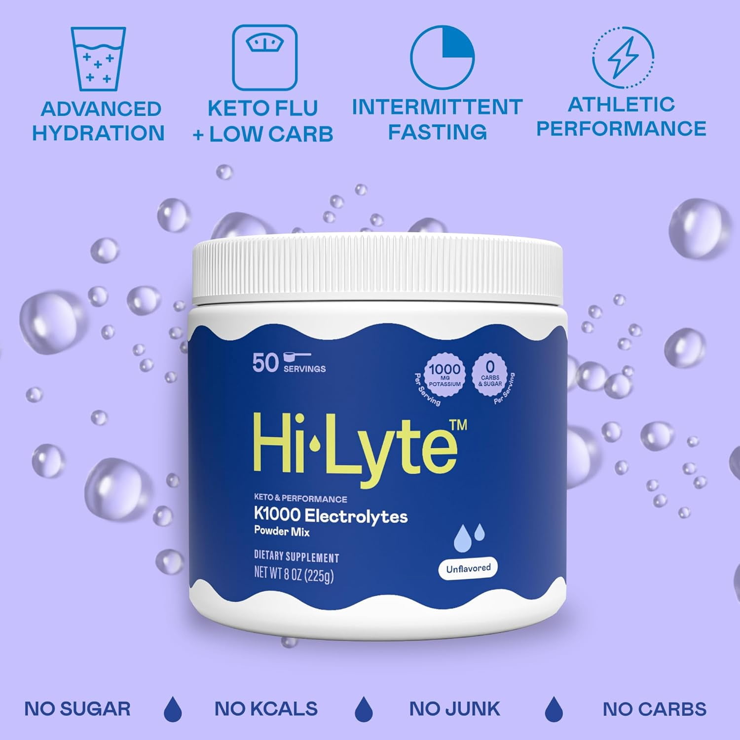 Hi-Lyte Keto K1000 Electrolyte Powder | Unflavored | Hydration Supplement Drink Mix | Boost Energy & Beat Leg Cramps | No Maltodextrin or Sugar | 50 Servings