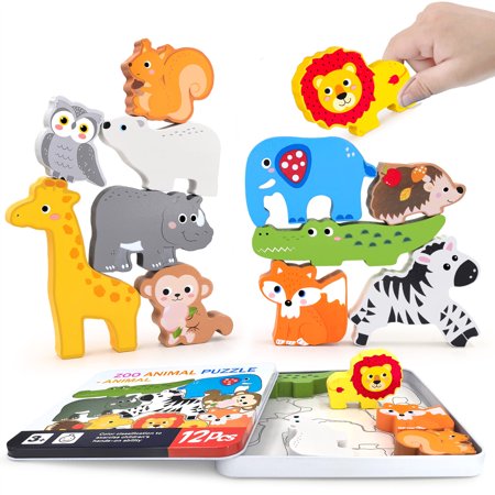 Wooden Animal Puzzles Toys for Toddlers 12PC Safari Animal Figures Animal Matching Sorting Stacking Toys for Boys Child Girls Educational Learning Toys Gift for Kids