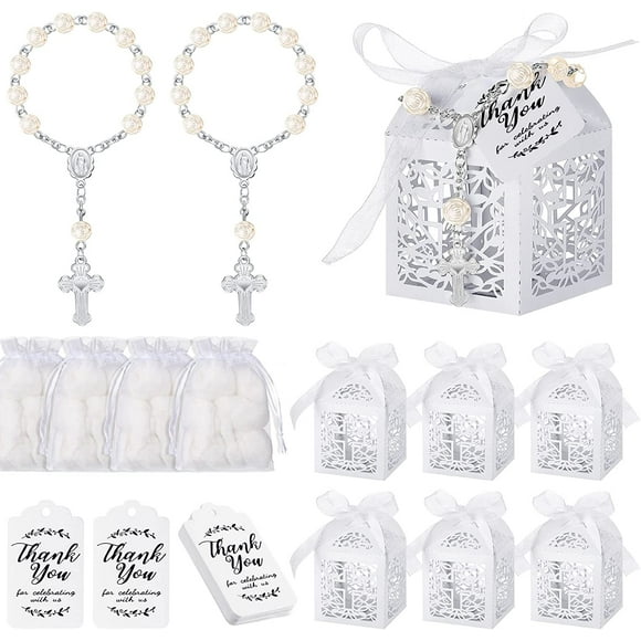 HSHDLDF 100 Pieces Baptism Favors Set Includes 25 Pieces Mini Rosary 25 Pieces Laser Cut Baptism Favor Boxes 25 Pieces White Organza Bags and 25 Pieces Thank You Tags for Baby Shower Party Wedding (