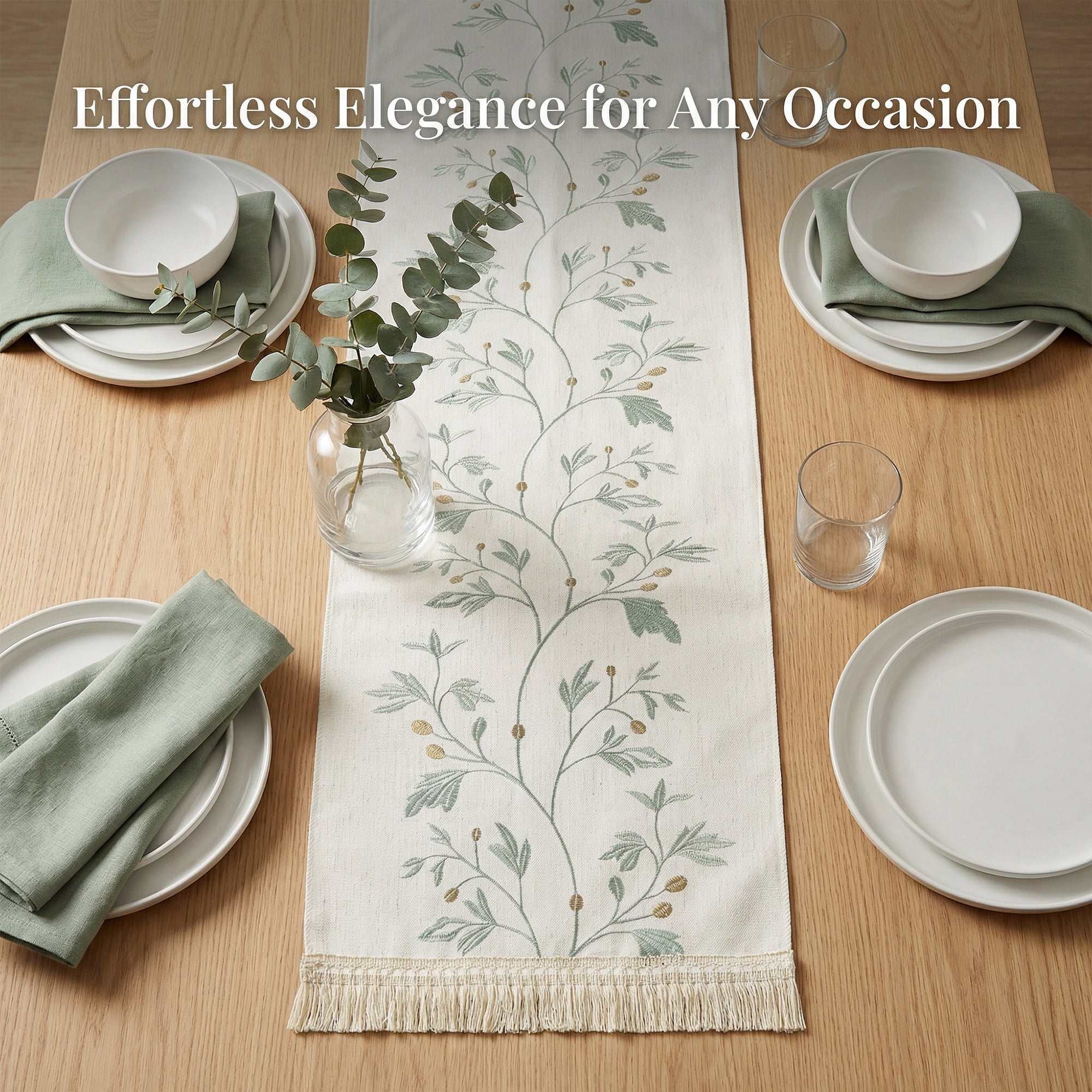 Unique Bargains Long Washable Floral Table Runner for Dining Decor Green 15.4"x94.5"