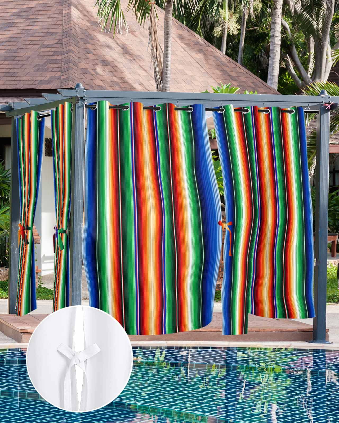 Colorful Striped Outdoor Curtains for Patio, Boho Abstract Vertical Stripe Lines Privacy Drapes Grommet Waterproof Outside Curtains for Porch/Cabana/Balcony 54"x 108", 2 Panel
